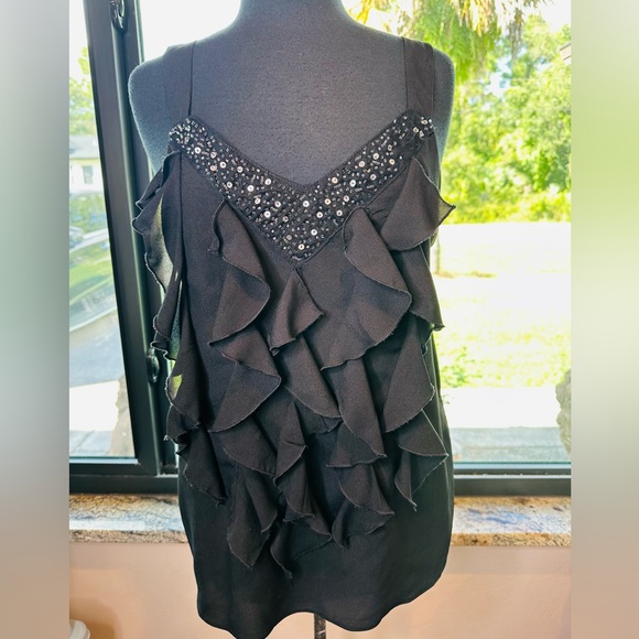 NY Collection Tops - NY Collection Black Beaded Sleeveless Ruffle Blouse Size Large